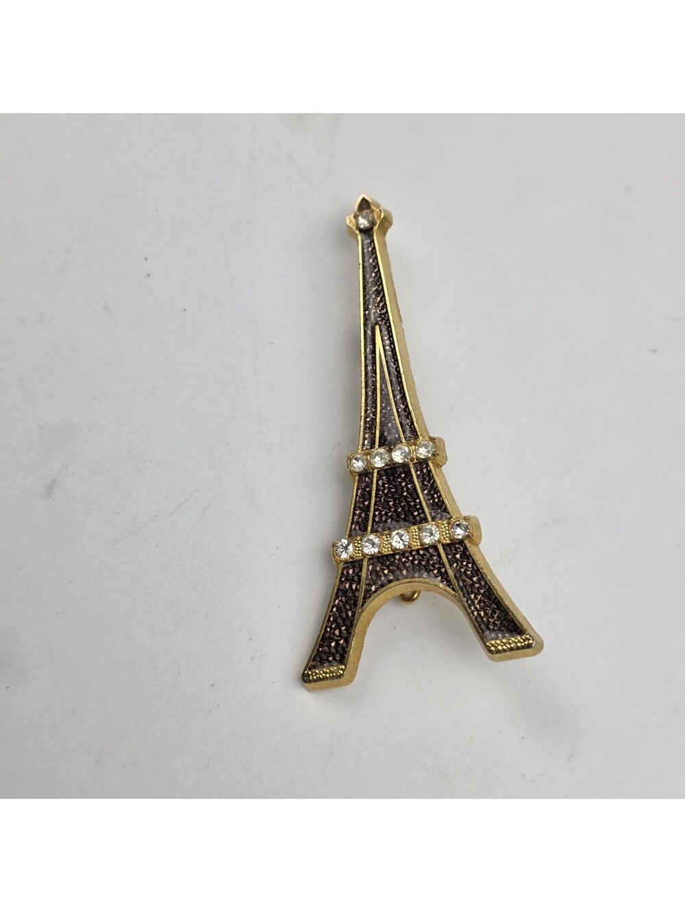 Eiffel Tower Booch, SAP Polyne, Goldtone w/Black Enamel and Rhinestones